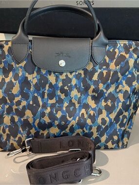 Longchamp Le Pliage Blue Multi Leopard-Print Tote